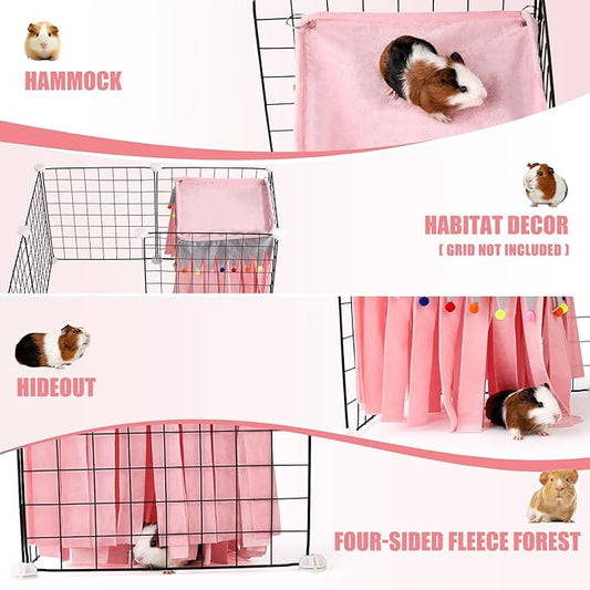 Guinea Pig Hideout - Guinea Pig Corner Hideout, Four-Sided Fringes, Square Top and Washable Hides, Ideal Hides for Small Pets, No Metal Fences, Pink