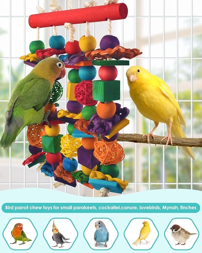 DBNESS Bird Toys, 2PCS Parrot Foraging Hanging Toy, Multicolored Natural Wooden Blocks Parakeet Chewing Toys mit Rattan Wicker Balls, for Medium Small Cockatoos Budgie Lovebird Cockatiel Conure
