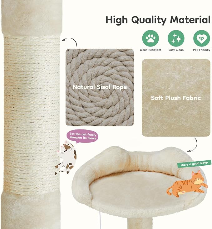 DUMOS 54 Inch Indoor Cat Tree Tower with Scratching Posts, Multi-Level Pet House for Large Cats with 2 Condos, Round Platform, Small Ladder, and Toys – Perfect for Cats of All Ages, Beige