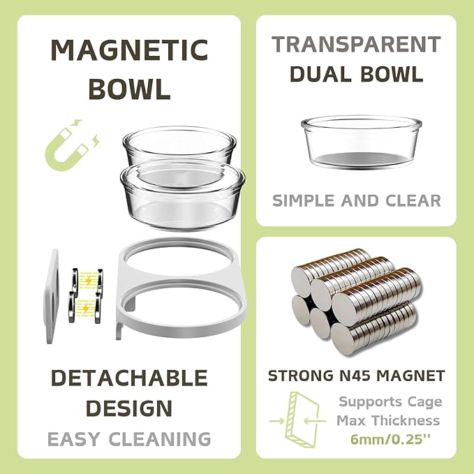 Magnetic Hamsters Feeding Set Freestanding Water Bottle Food Bowl for Glass Tanks, Suitable for Syrian Dwarf Hamsters Gerbils Mice Rats Degus (Gray, Magnetic-Mounted)