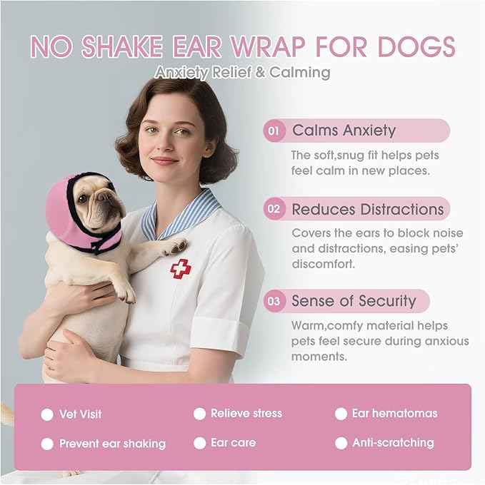 Dog Calming Hoodie for Noise Reduction Anxiety Relief,Waterproof Dogs Ear Head Cover,No Shake Ear Wraps for Dogs,Dog Ear Headband Muffs Head Wraps for Grooming Firework Force Drying,Pink,L
