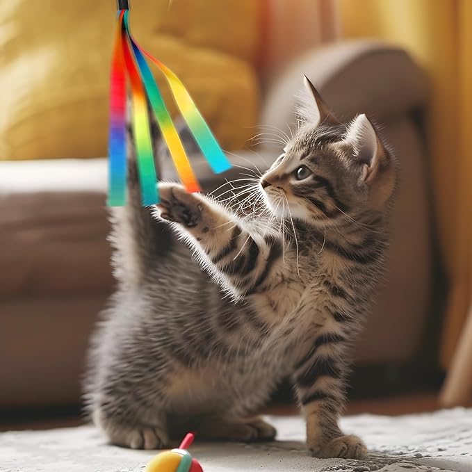 5 Pcs Cat Ribbon Toy, Cat Toy Wand Replacement Interactive Kitten Rainbow Toys Wand, Portable Cats Teaser Wands, Kitten Ribbon Refill Attachment Toys with Bell for Most Cats Kittens Small Pets