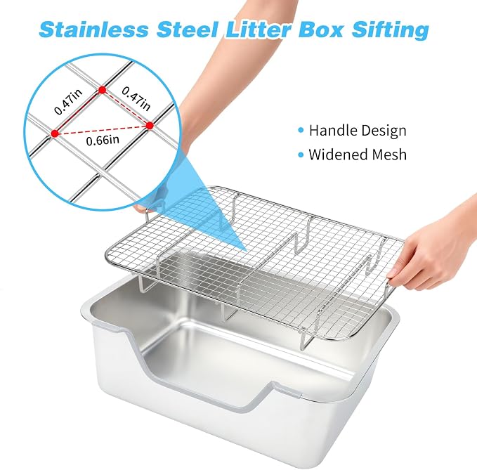 YUEPET 4-in-1 Large Rabbit Litter Box, Non-Slip Stainless Steel Litter Boxes with Sifting Grid & Hay Feeder Food Bowl, Easy Cleaning Bunny Litter Box with Odor Control for Rabbits Small Pets（M）