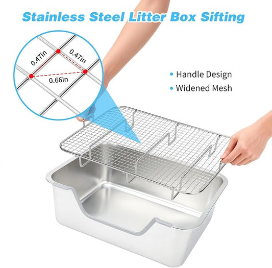 YUEPET 4-in-1 Large Rabbit Litter Box, Non-Slip Stainless Steel Litter Boxes with Sifting Grid & Hay Feeder Food Bowl, Easy Cleaning Bunny Litter Box with Odor Control for Rabbits Small Pets（M）