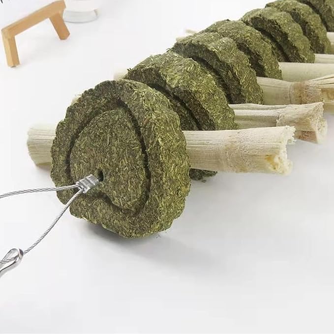 kathson 2 PCS Bunny Chew Toys for Teeth Natural Rabbit Toys Hanging Sweet Bamboo Chews with Grass Cake Guinea Pig Toys Snack Treat for Hamster Chinchilla Rats