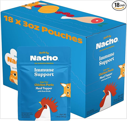 Made by Nacho Immune Support Cage-Free Chicken Puree, Meal Topper for Cat Food with Bone Broth, Add Immune System Support to Pet Kibble, Limited Ingredients, 1.4 oz. Each, 18 Count