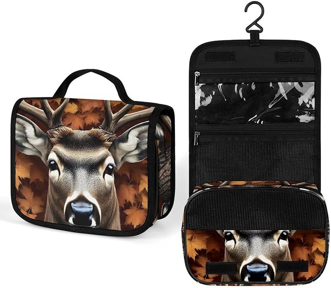 Toiletry Bag Travel Bag with Hanging Hook (Fall Maple Leaves Hunting Camo Tree Deer)