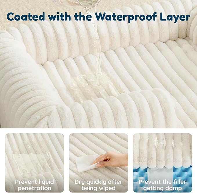 ChiXnuggle Orthopedic Dog Bed with Bolster Sides for Sleeping, Fluffy Plush Rectangular XL Dog Bed, Luxury Striped Faux Fur Waterproof Dog Couch with Removable Washable Cover, Cream