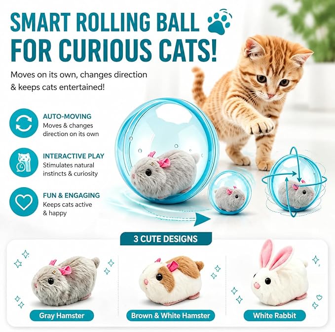 2026 New Self-Rolling Interactive Cat Ball Realistic Animal Automatic Moving Rolling Cat Ball 360° Rolling Spin Moving Cat Ball Fun Indoor Interactive Pet Ball for Cats Dogs Chasing(2pcs,Mouse-A)