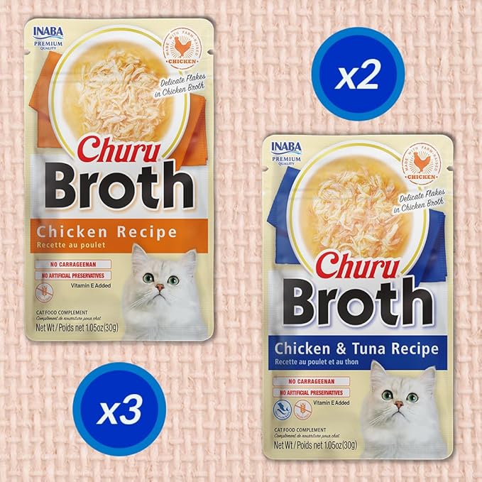 INABA Churu Broth for Cats, Creamy Broth with Shredded Chicken Side Dish Pouch, 1 Ounce per Pouch, 5 Pouches, Chicken & Tuna Variety Pack