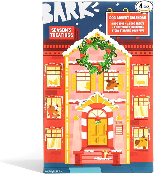 Barkbox Dog Advent Calendar – Holiday Gift Box with 8 Festive Plush Dog Toys & 16 Bakery-Style Treats – Squeaky, Fluffy & Crunchy Surprises for Small to Large Dogs