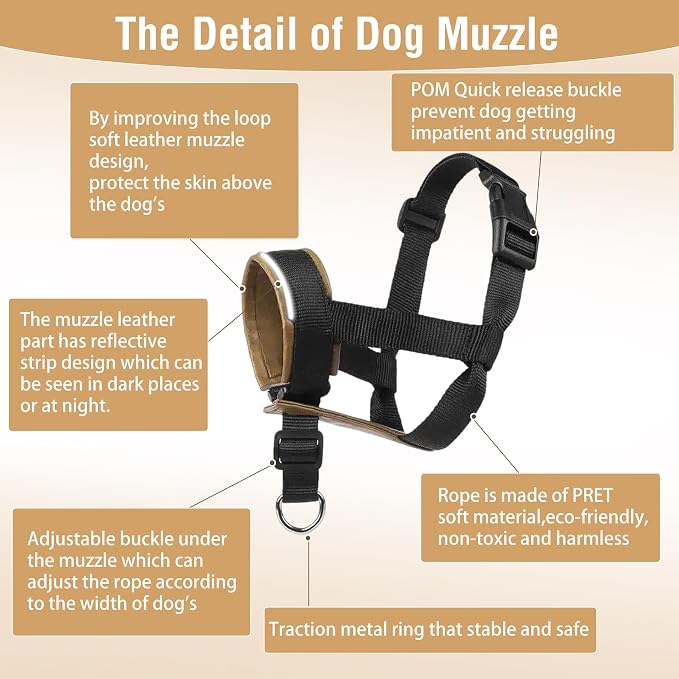 Dog Muzzle,Adjustable Loop Pets Muzzle Soft Leather Protect Skin Puppy Muzzles Prevent Biting Chewing Barking Allow Panting Drinking,Not Include Dog Collar (Khaki, Small)