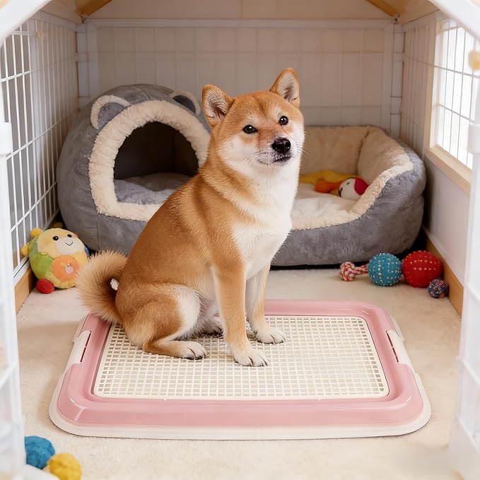 Dog Potty Tray for Small Dogs, Puppy Potty Training Tray 19.3"x14.4" Indoor Dog Toilet, Leak-Proof Pet Pads Holder (Pink)