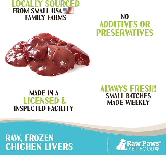 Raw Paws Frozen Raw Chicken Liver for Dogs & Cats, 2-lb (10-Pack) - Made in USA - Small-Batch Pet Food - Natural Chicken Liver Treats for Dogs - Liver Dog Treats