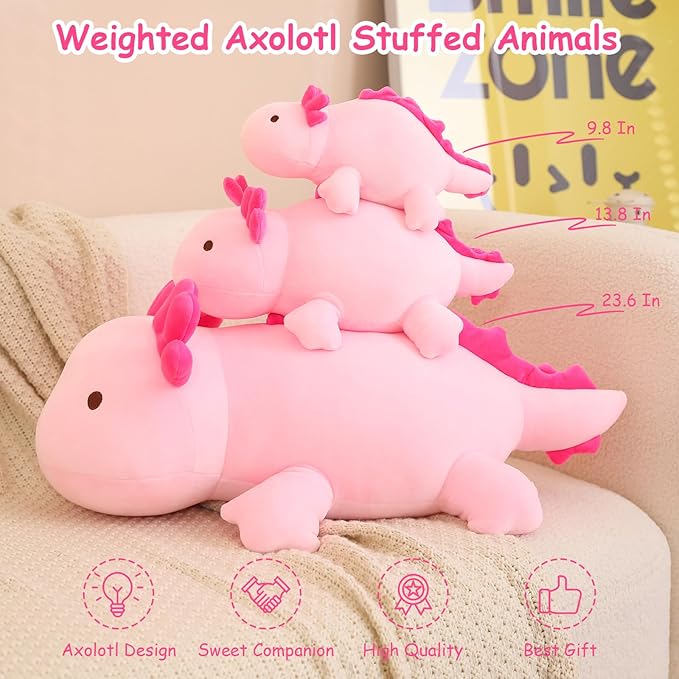 SQEQE Weighted Axolotl Plush Toy, Pink Axolotl Stuffed Animals Cute Plush Pillow, Cute Weighted Stuffed Animals Gifts for Girls & Boys Pink 9.8 Inch, 0.8 Lbs