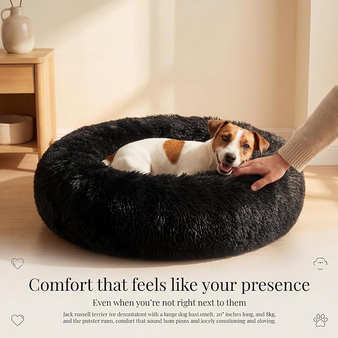 Calming Donut Dogs Beds for Small Dogs Washable,28inch Plush Round Pet Bed for Cozy Sleep,Fluffy Faux Fur Large Cat Bed,Fits up to 30 lbs Pets,Black