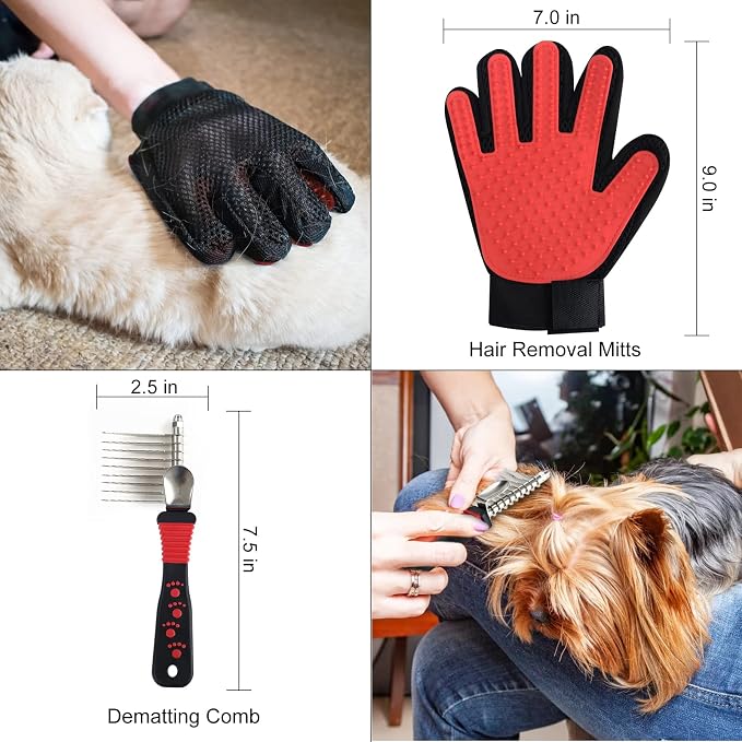 Wisedog Dog Grooming Kit, Reddish-black, 8PCS | Pin & Bristle Brush, Slicker Brush, Dematting Tool, Nail Clipper, Hair Removal Mitts, Flea Comb
