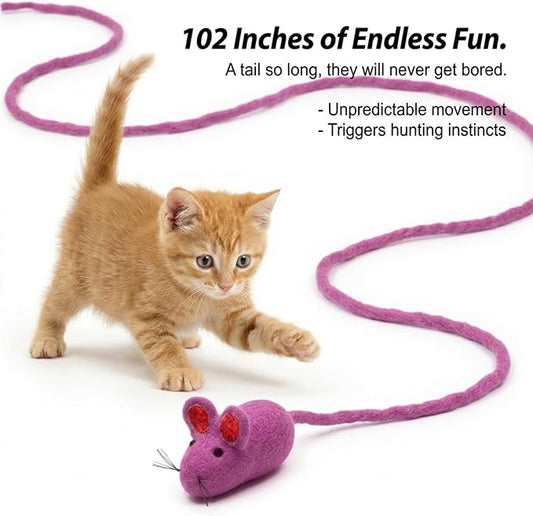 Glaciart One Felt Mouse Cat Toy – Soft Fuzzy Enrichment 100% Natural Wool - Interactive Catnip Play Cat Toy Set - Safe for Pets, Non-AZO Colored Dyes - 100” Long