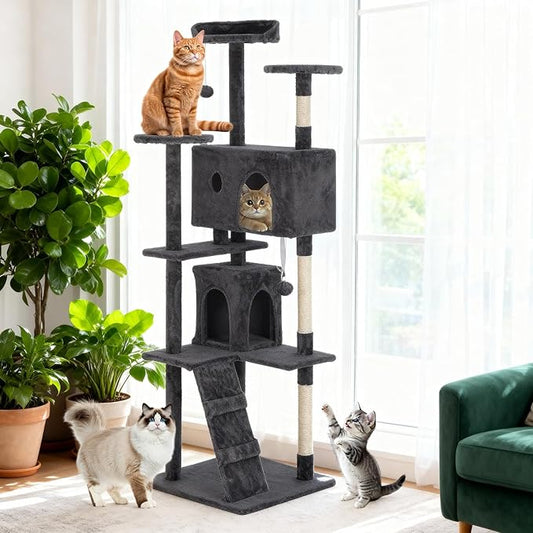 BestOffice 70 Inch Cat Tree, Multi-Level Cat Tower with Condo, Perches, Sisal Scratching Posts, Climbing Ladder,Indoor Activity Center Play House for Kittens & Adult Cats, Dark Gray