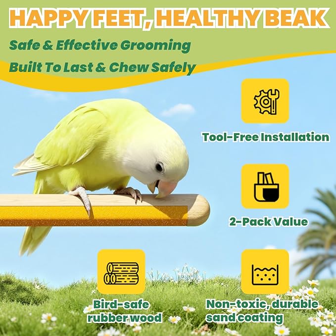Dual Texture Bird Perch Wood & Sand Grinding Stone Sticks 2-Pack Cage Accessories for Cockatiels Parakeets Lovebirds Conures