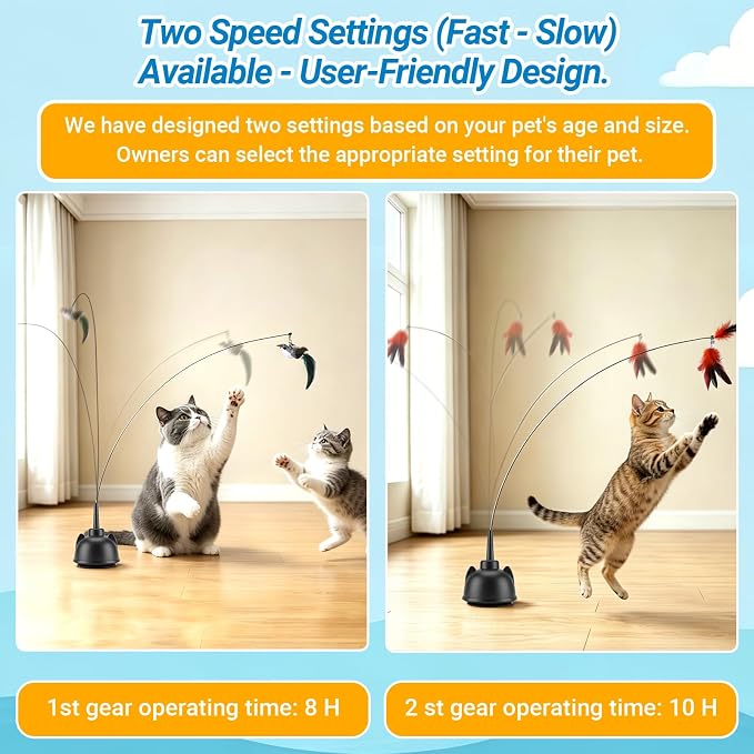 Interactive Cat Toys for Indoor Cats Toy Wand 360° Flying Bird Cat Toy | 2 Speed Adjustable Flying Bird Cat Toy Automatic Cats Toys with Self ON/OFF Feather Toy Suction Cup Electric Cat Teaser Wand