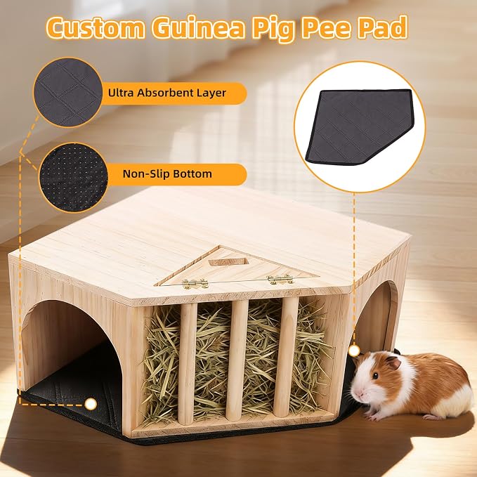 Kalolary Wooden Guinea Pig Corner Hideout with Pee Pad, Small Animal Hideout with Hay Feeder Dual Entrances Hamster Hideout for Bunny Chinchilla Mice Dwarf Gerbils Mouse Hedgehog Playing Hiding