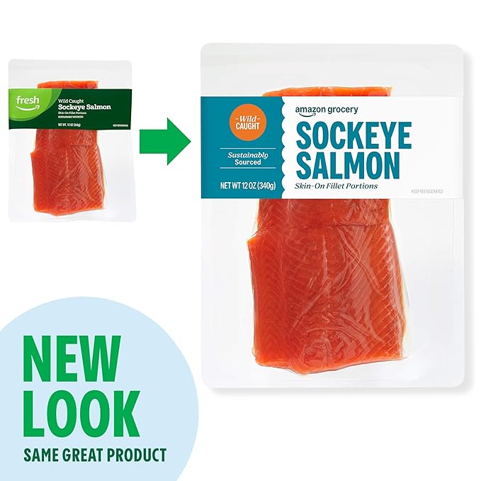 Amazon Grocery, Wild Caught Sockeye Salmon Skin-On Fillet Portions, 12 Oz
