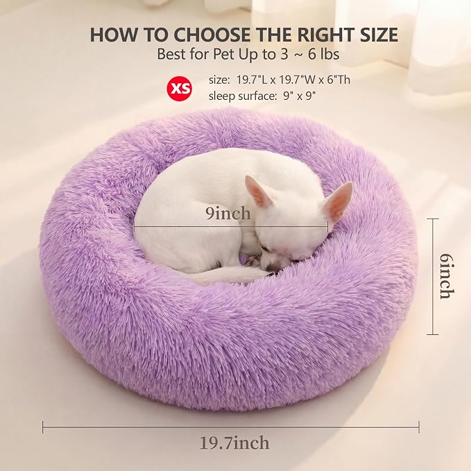 Calming Donut Dogs Beds for Small Dogs Washable,19inch Fluffy Round Puppy Bed for Puppies,Cats & Toy Breeds with Raised Rim,Fits up to 15 lbs Pets,Purple