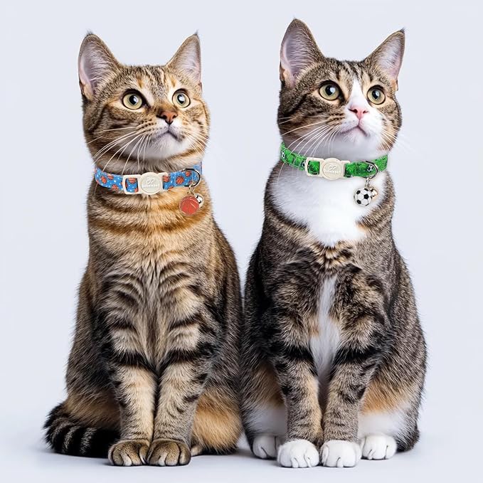 2 Pack Boy Cat Collars - Green Soccer & Blue Basketball Breakaway Cat Collars, Adjustable Boy Kitten Safety Collar for Small Dogs Puppy, Cute Pet Collar with Bell & Pendant