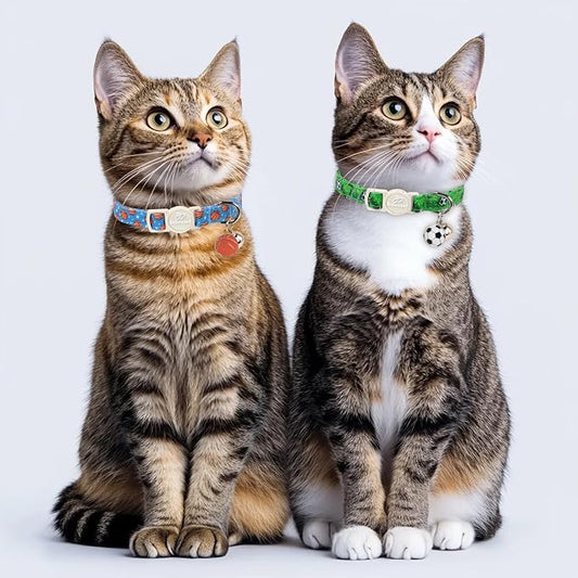 2 Pack Boy Cat Collars - Green Soccer & Blue Basketball Breakaway Cat Collars, Adjustable Boy Kitten Safety Collar for Small Dogs Puppy, Cute Pet Collar with Bell & Pendant