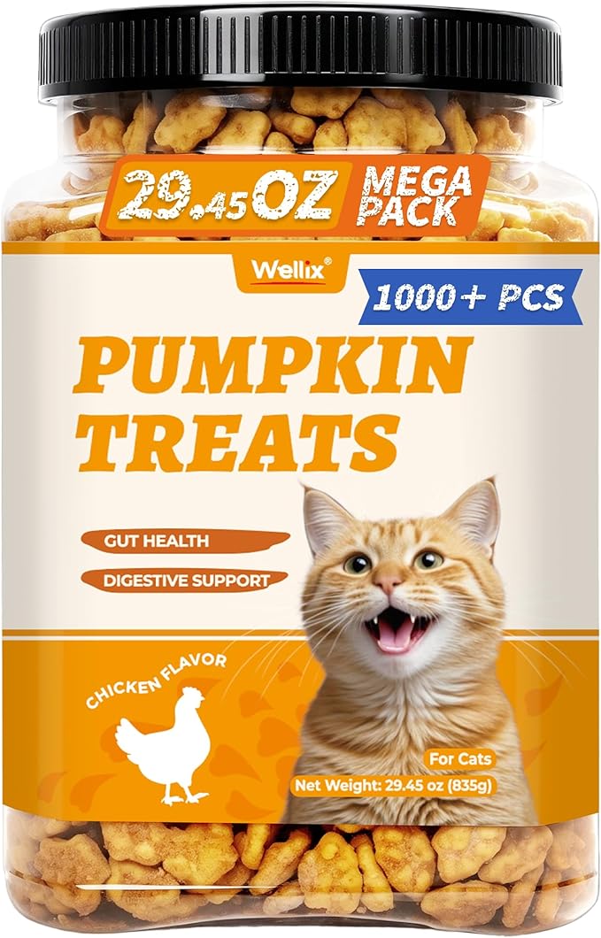 Wellix 29.45 oz Healthy Cat Treats Pumpkin Flavor - Chicken Formula Stomach Sensitive Kitten Snacks for Digestive Support - Cat Constipation Relief Low Calorie Food Topper for Cats