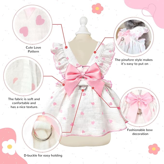 Dog Dresses for Small Dogs Girl Female Dog Cat Clothes Dress Cute Cotton Extra Summer Clothes Bow Decor Printed Love Birthday Outfit Puppy Clothes (Light Pink, Small)