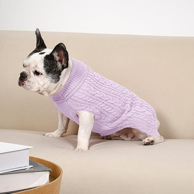 Dog Sweater 2 Pack for Medium Dogs, Size L, Pink & Purple | Stretchy cable knit turtleneck, machine washable, high belly cut, comfy winter fit for French Bulldog, Corgi
