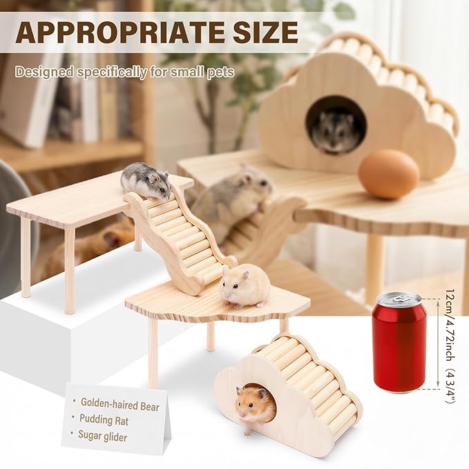 4 PCS Natural Wood Hamster Cage Accessories Set, Multi-Level Habitat Decor with Cloud Hideout, Climbing Ladder & Standing Platforms, Exercise Playground for Syrian Hamsters, Gerbils, Mice (A)