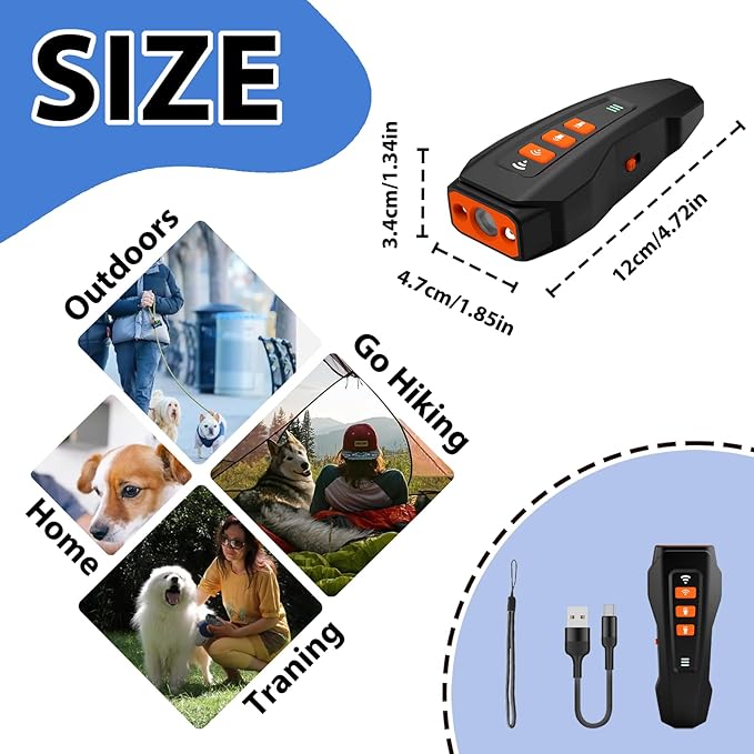 Dog Bark Deterrent Devices Portable Rechargeable Anti-Barking Device 3-Mode Ultrasonic Bark Deterrent for Indoor/Outdoor Use Corrects Your Own or Neighbor's Dog's Undesirable Behavior