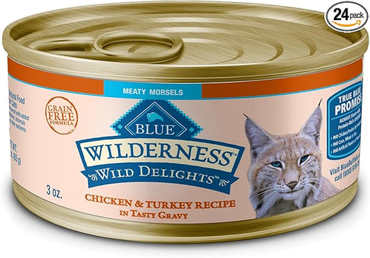 Blue Buffalo Wilderness Wild Delights Meaty Morsels Wet Cat Food, High-Protein & Grain-Free, Made with Natural Ingredients, Chicken & Turkey Recipe in Tasty Gravy, 3-oz. Cans (24 Count)