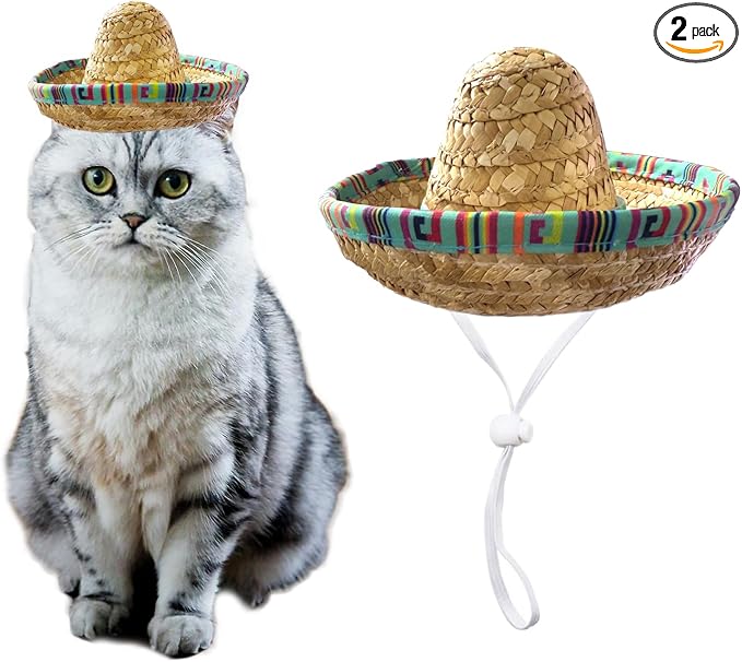 Cat Sombrero Hat Cat Hat Pet Sombrero Hat Cinco De Mayo Mexican Pet Straw Cap with Adjustable Chin Strap(Green)