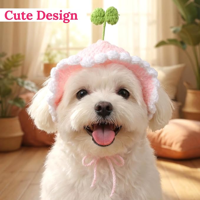 2PCS Cat Hats Cute Flower Crochet Hats for Cats Small Pets Birthday Party Christmas Halloween Easter Travel Accessories Puppy Hat (Pink, Yellow)