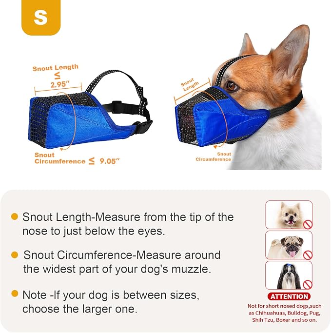 Mesh Dog Muzzle, Breathable Soft Dog Muzzle with Reflective Straps for Secure Fit, Prevents Biting, Chewing Scavenging- Adjustable for Small Medium Large Dogs,Blue,S