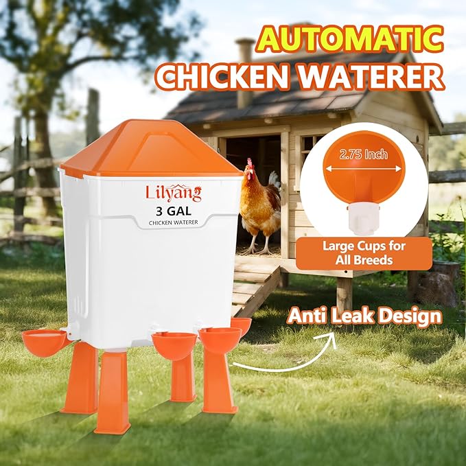 Lilyang Chicken Feeder and Waterer Set 3 Gallon, Automatic No-Waste Feeder, Large Poultry Waterer with 2.75'' Cups, Standing or Hanging Use, Feed Chickens & Ducks