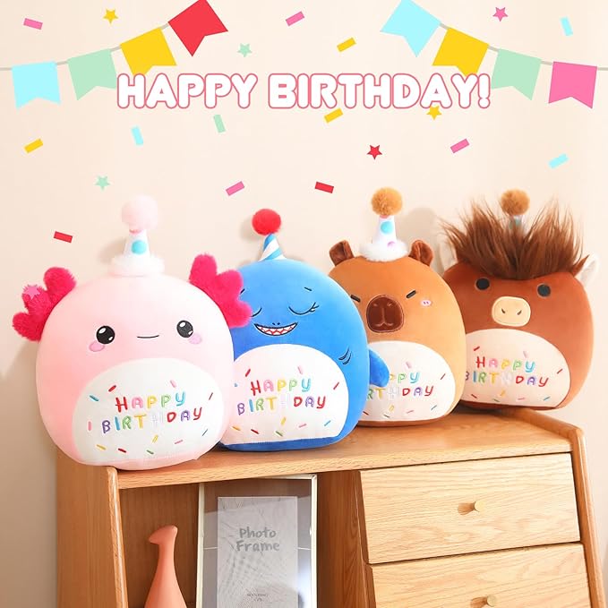 SQEQE Happy Birthday Axolotl Plush Axolotl Stuffed Animal Toy Pink Birthday Plushies Home Decor for Girls Boys Kids(14 Inch)
