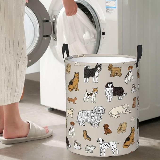 Cute Dogs Animals Print Round Laundry Hamper Storage Basket Toys Clothes Organizer Bin For Home Bathroom Bedroom Dorm Nursery, 38l