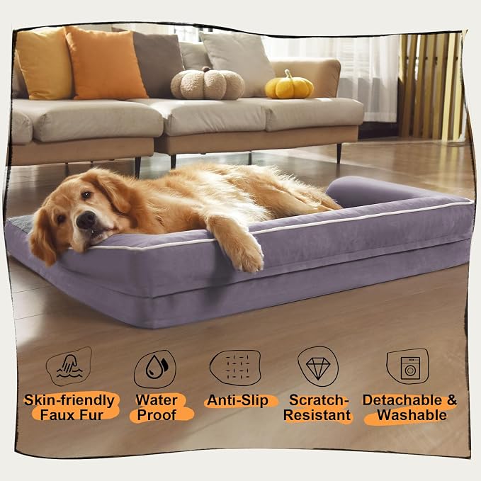 MEKIY Orthopedic Waterproof Dog Bed with Bolster for Extra Large Size Dogs | Pillow Support for Neck Relief, Egg Crate Foam, Waterproof Liner, Anti-Slip Bottom, Removable Bolster Cover, 48 x 33 Inch