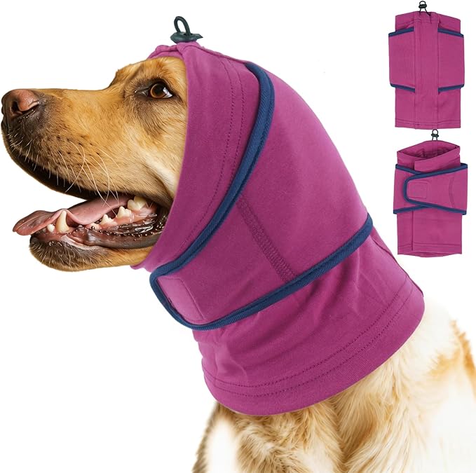 IDOMIK Dog Ear Muffs Noise Protection, Dog Calming Hoodie for Anxiety Relief, Soft Double-Layer No Shake Head Wraps, Quiet Ear Covers for Thunderstorm, Firework, Bath, Grooming & Blow Drying,Purple,L