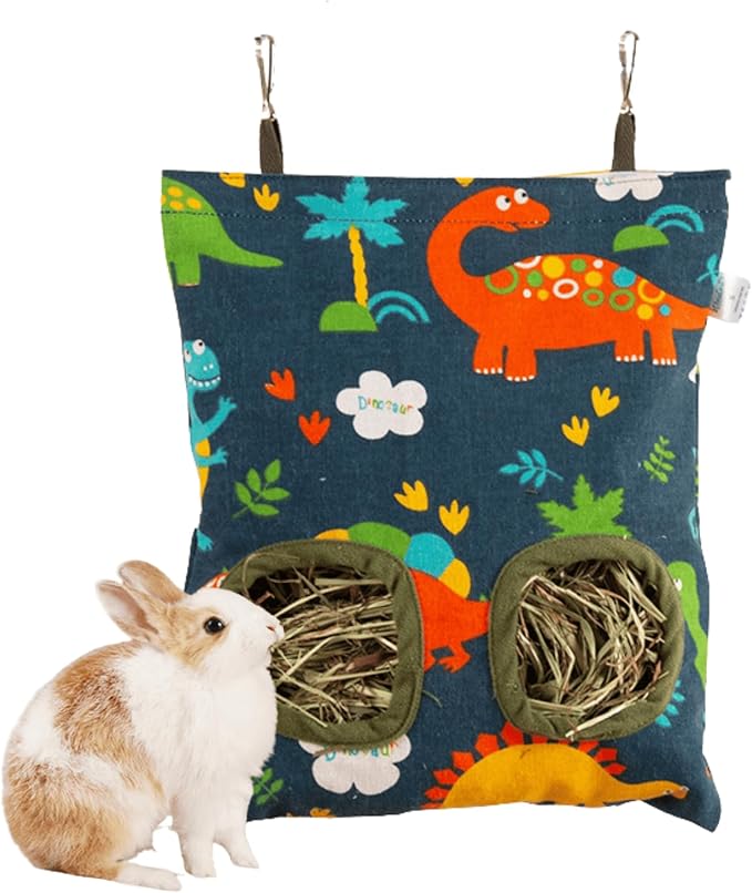 Rabbit Hay Feeder Bag for Cage Guinea Pig Timothy Hay Dispenser Storage Manger Hanging Large Less Waste for Bunny Guinea Pig Chinchilla (Dinosaur,Small)