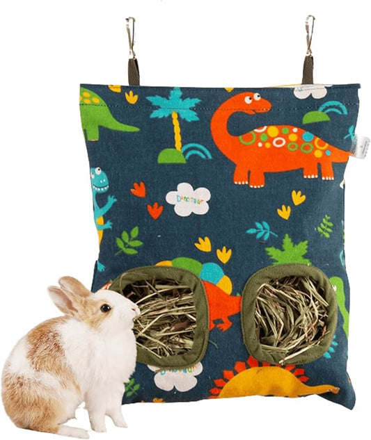 Rabbit Hay Feeder Bag for Cage Guinea Pig Timothy Hay Dispenser Storage Manger Hanging Large Less Waste for Bunny Guinea Pig Chinchilla (Dinosaur,Small)