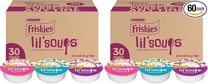 Friskies Purina Grain Free Wet Cat Food Lickable Cat Treats Variety Pack,Lil' Soups with Salmon,Tuna or Shrimp - 1.2 oz. Cups,(Pack of 60)