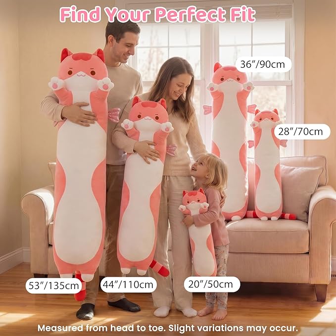Mewaii Long Cat Plush 5 Sizes, 120% Extra Filling Giant Plushness Kids Body Pillow, Kawaii Cute Pink Cat Stuffed Animals Plushies, Big Long Body Pillow Cat Plush Gift for Girls 20”