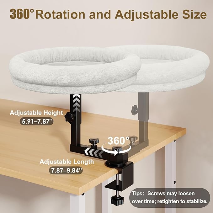Large Cat Desk Bed, 360°Rotating & Adjustable Shelf, 18" Thickening Cat Bed for Desk, Soft Faux Fur with Mat, Suitable for Various Desktops - Maximum Hold Up to 50lb (White)
