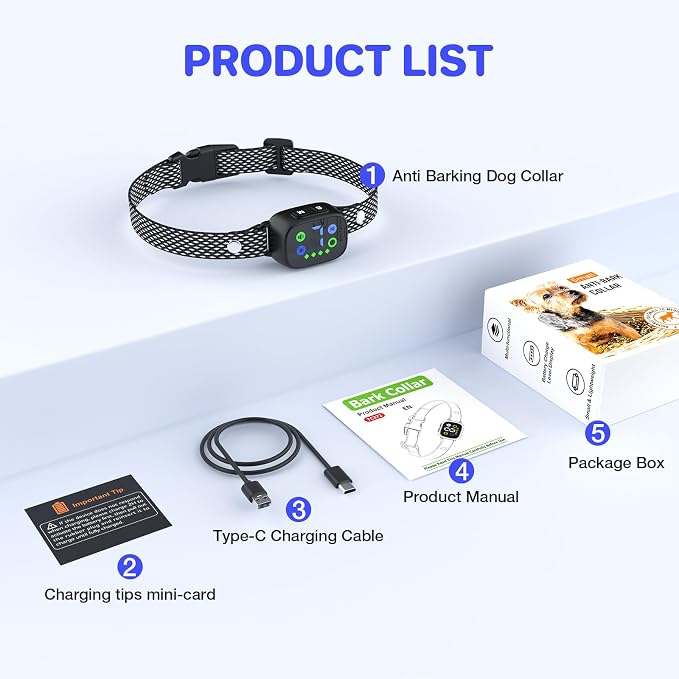 Dog Bark Collar for Large Medium Small Dogs, Anti Barking Device for Dogs, Rechargeable Smart Bark Collar with 7 Adjustable Sensitivity, Compact Bark Collar Indoor Outdoor
